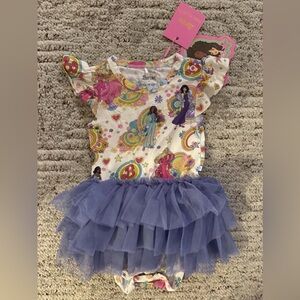 Posh Peanut Barbie Dress with Colorful Graphics and Purple Tulle